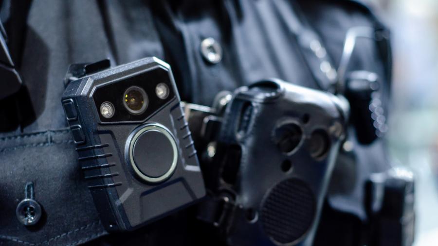 Close-up of a law enforcement body-worn camera.
